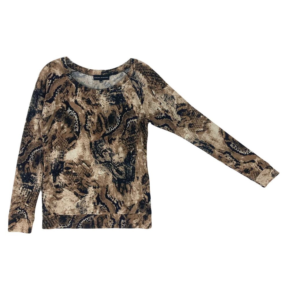 NWOT KARINA GRIMALDI Top XS Oversized Brown Black Snakeskin Stretch Long Slv